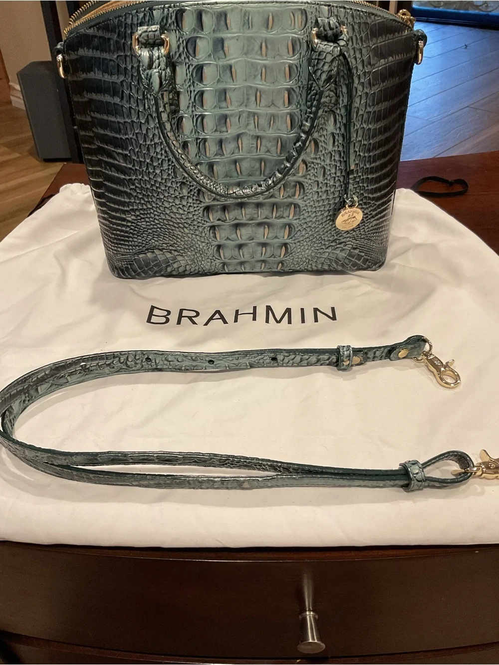 Brahmin Duxbury Teal Croc-Embossed Leather Satchel with Detachable Strap